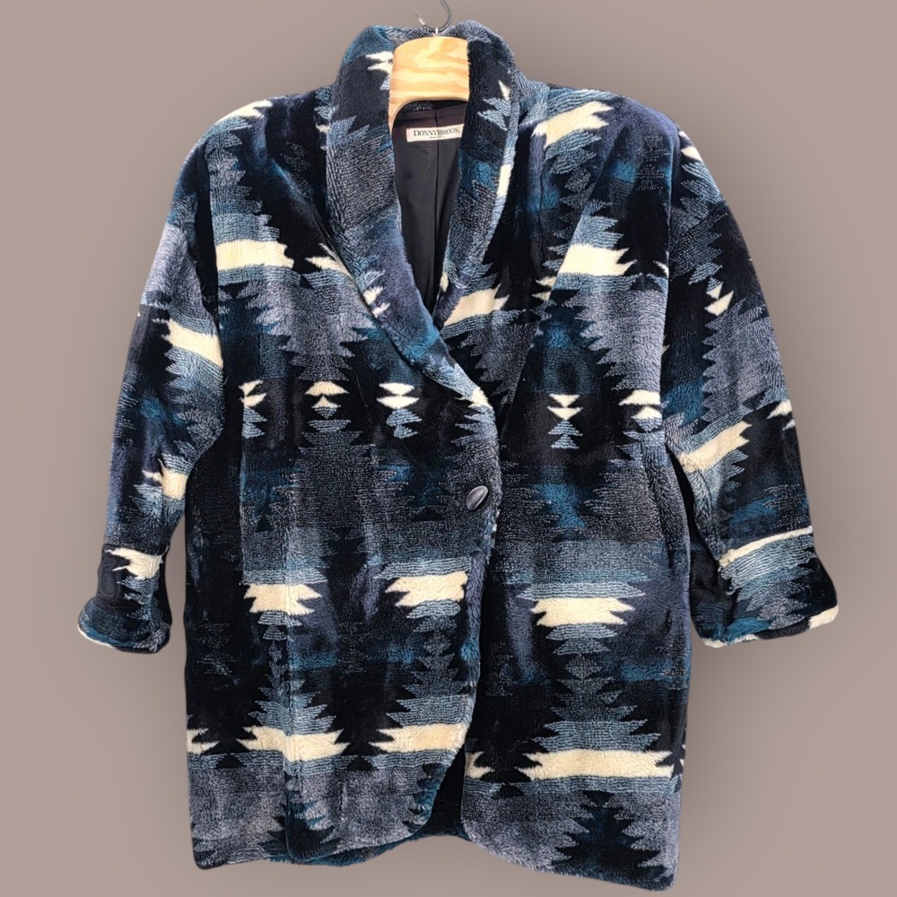 Donnybrook 80s Vintage Faux Fur Coat‎ Blue Black White Oversized USA Size 2XL